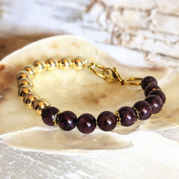 Natural Garnet and Gold Beads In Gold Plated Assymetrical Bracelet - Picture 2 of 5